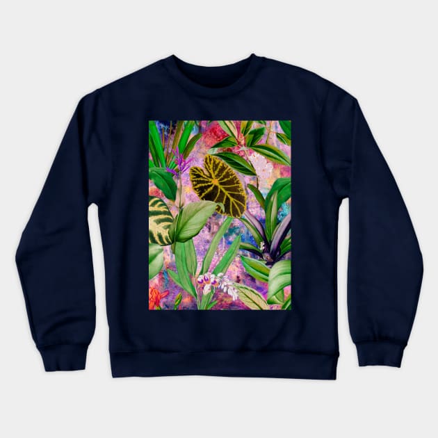 Tropical tropical floral leaves and foliage botanical illustration, pink purple leaves pattern over a Crewneck Sweatshirt by Zeinab taha